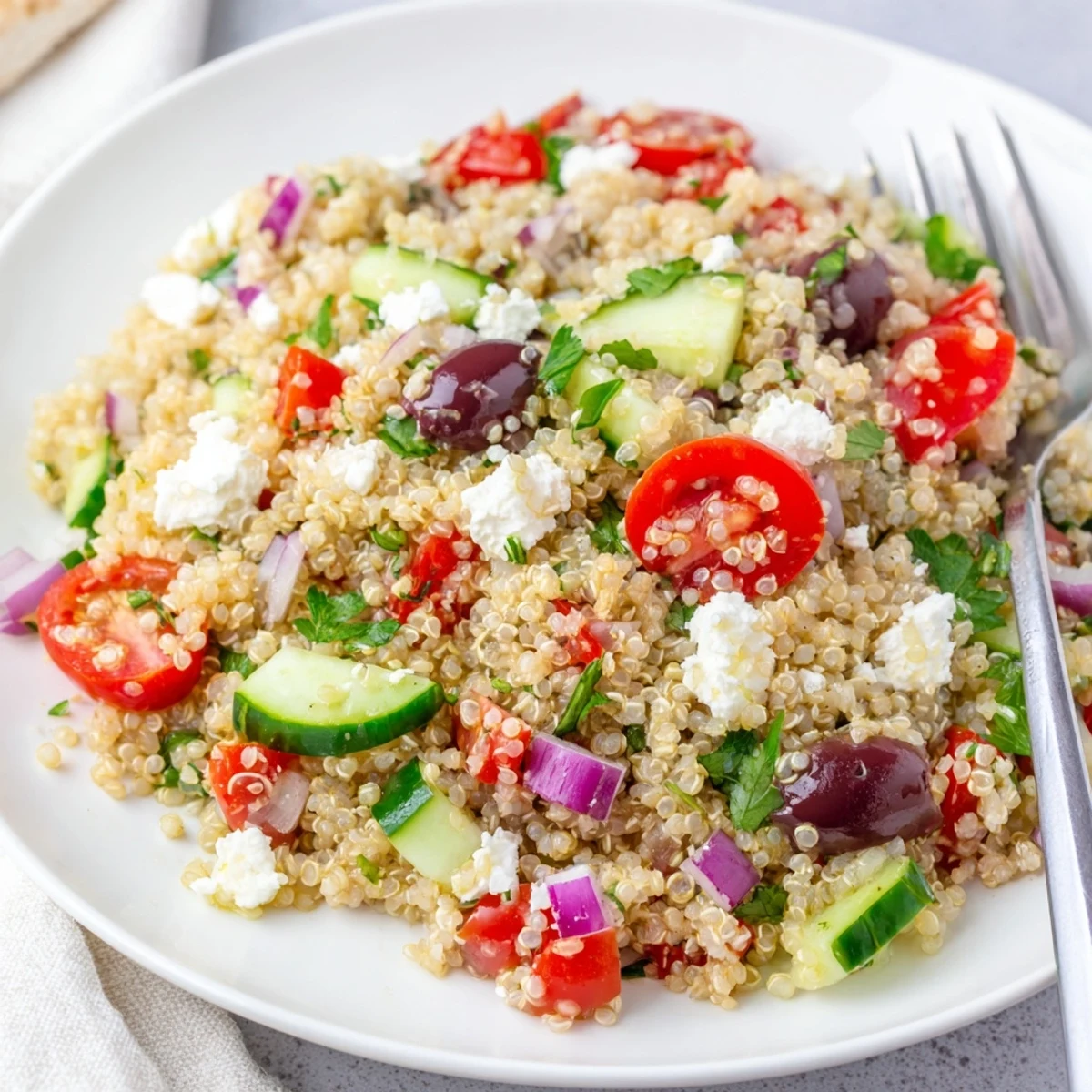 Chilled Greek Quinoa Salad tossed with herbs, Kalamata olives, zesty aroma
