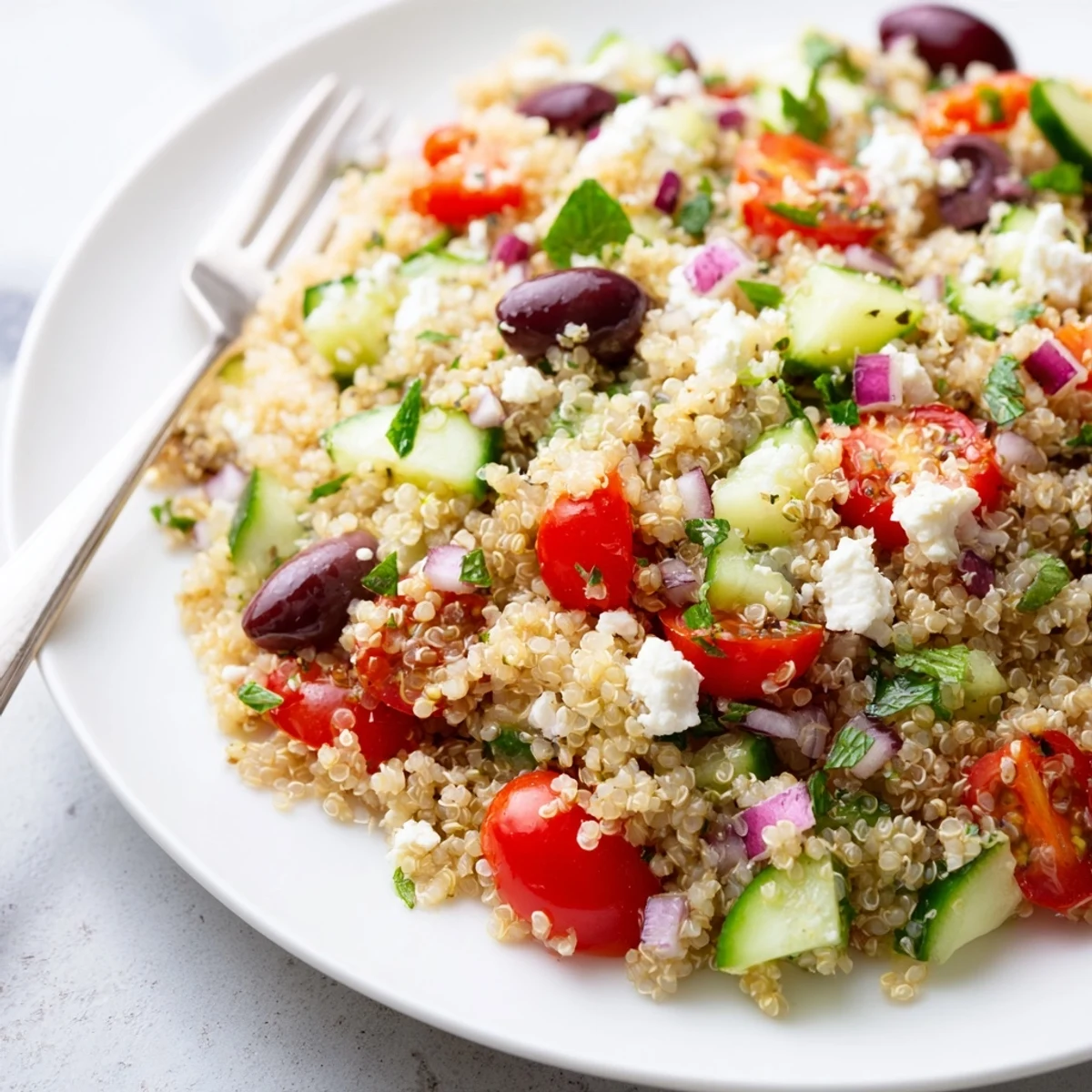 Greek Quinoa Salad served cold in bowl, fluffy quinoa, crisp vegetables