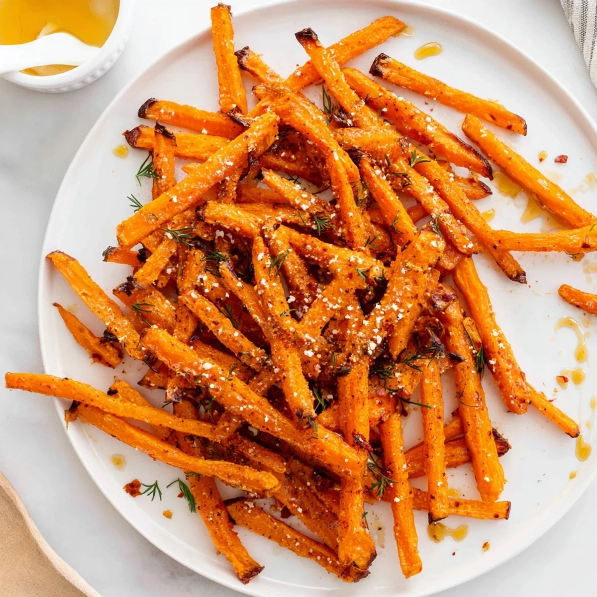 Golden oven roasted Crispy Carrot Fries With Feta Dip Spicy Honey Drizzle, savory sweet