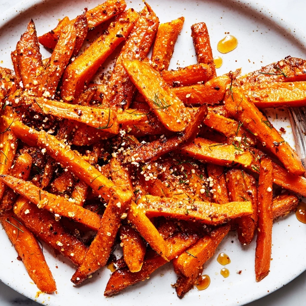 Handheld Crispy Carrot Fries With Feta Dip Spicy Honey Drizzle, sticky chili sweet finish