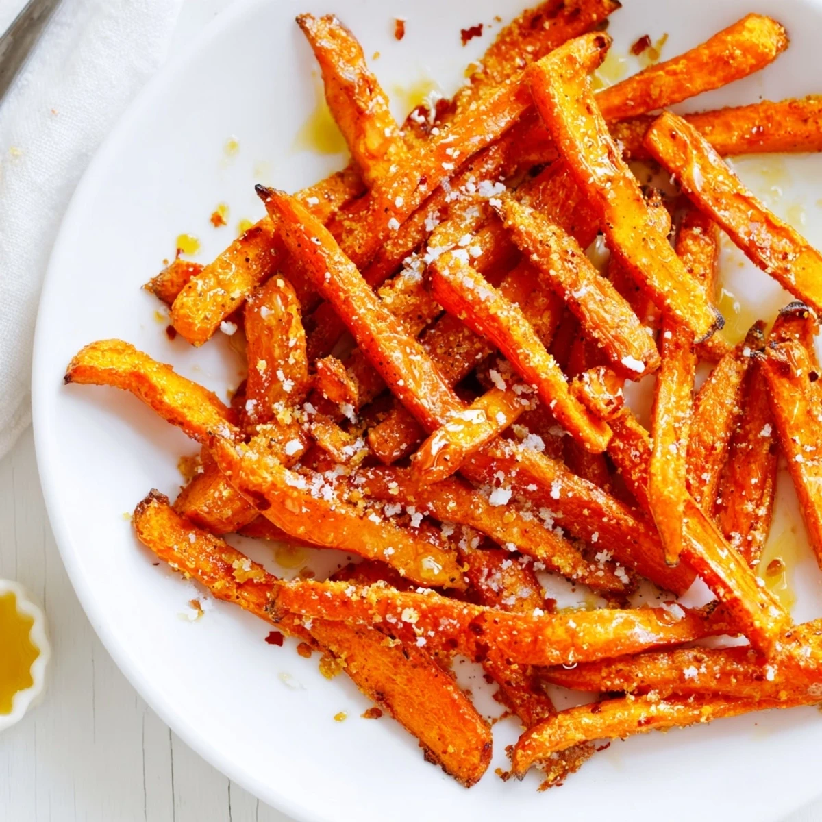 Crispy Carrot Fries With Feta Dip Spicy Honey Drizzle on platter, tangy creamy dip