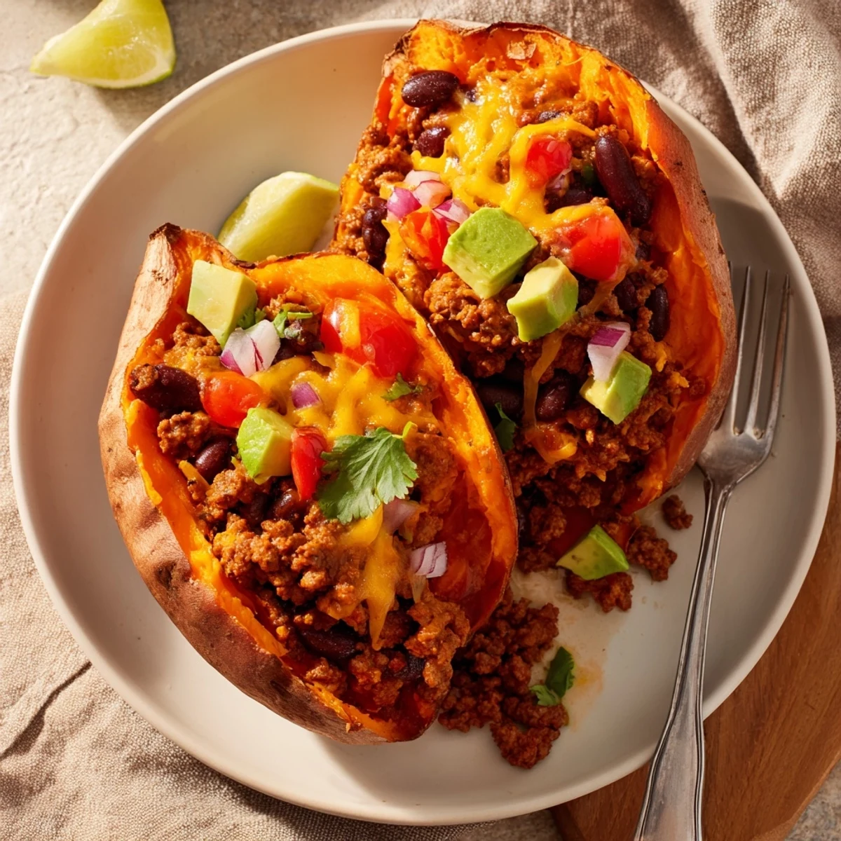 Taco Stuffed Sweet Potatoes with melted cheddar, avocado, cilantro, lime wedge