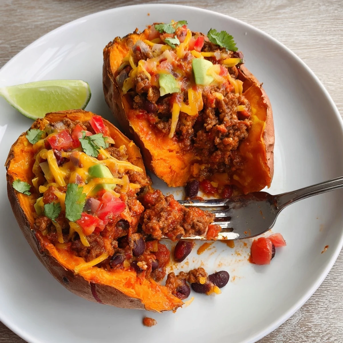 Roasted Taco Stuffed Sweet Potatoes topped with seasoned beef, diced tomatoes