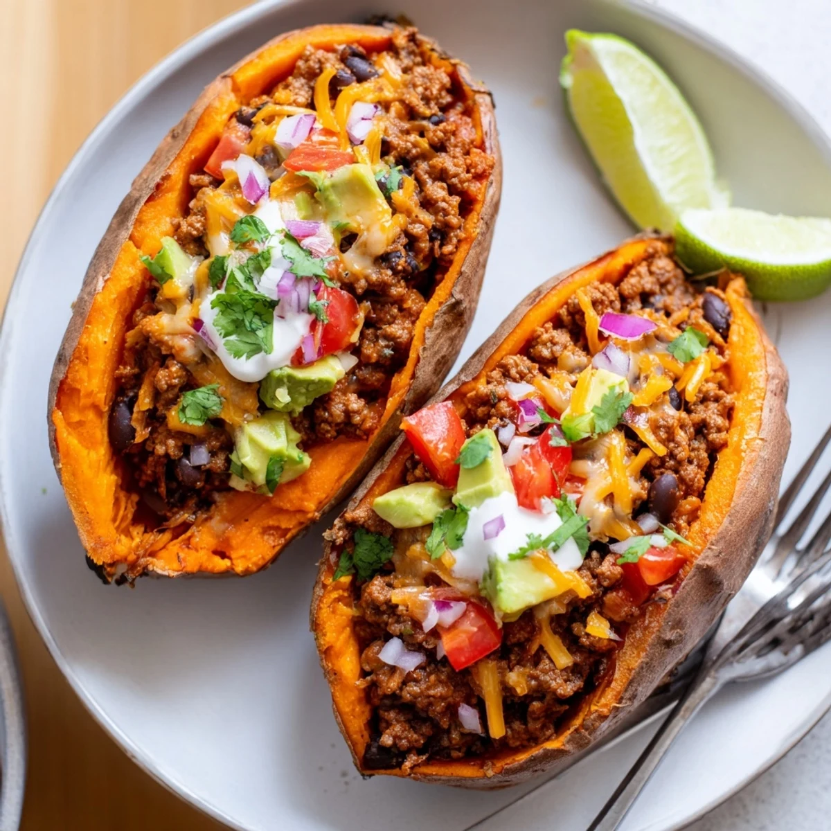 Creamy-sweet flesh of Taco Stuffed Sweet Potatoes overflowing with beans, sour cream