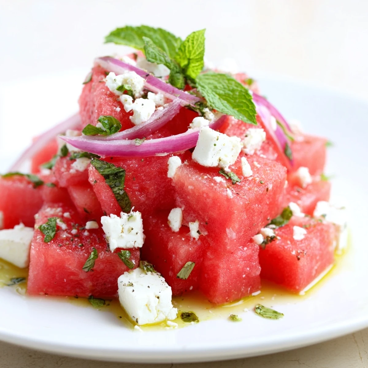 Watermelon Salad With Feta And Mint with chilled cubes, tangy feta, fresh mint