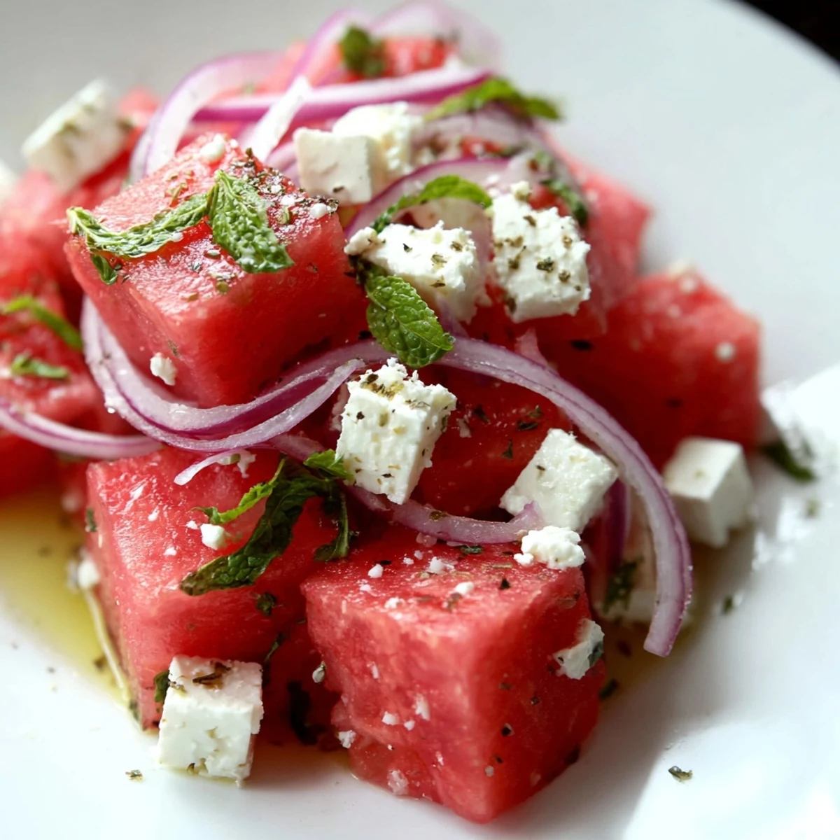 Bright Watermelon Salad With Feta And Mint served on white platter, lime drizzle