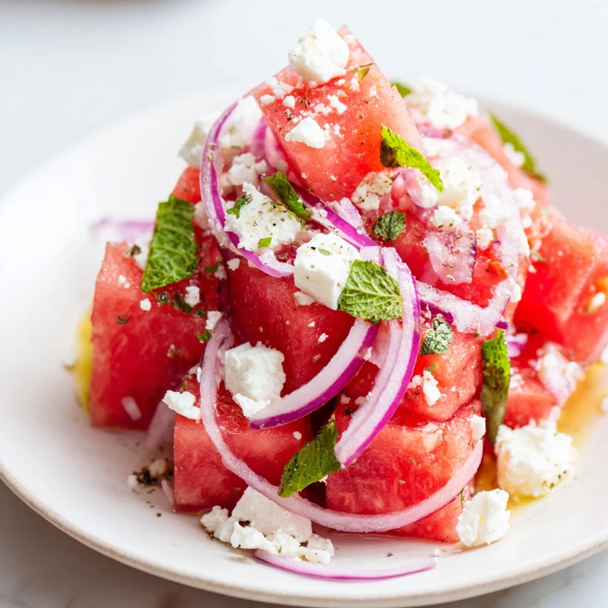 Summer Watermelon Salad With Feta And Mint tossed gently, red onion bite