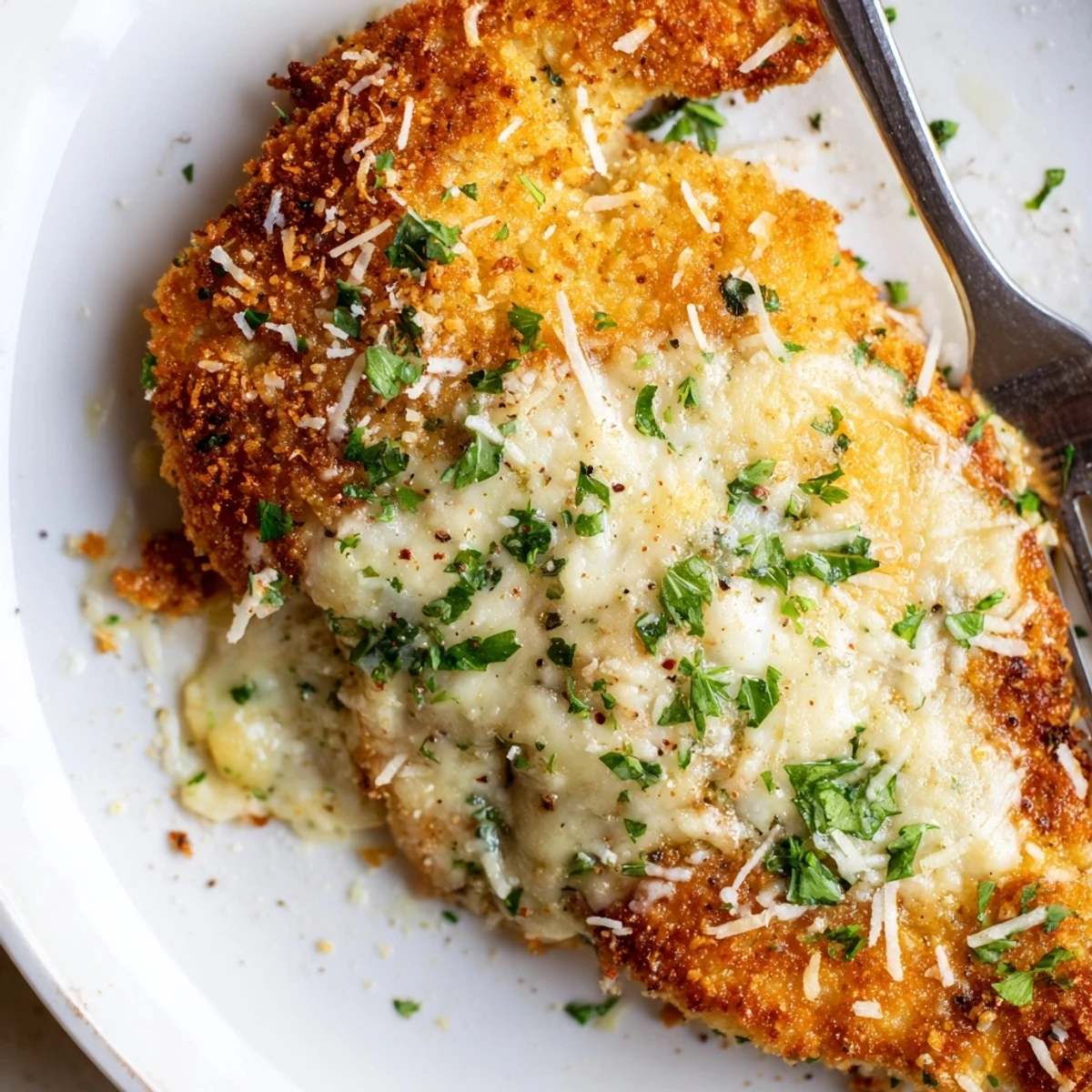 Garlic Parmesan Chicken Bake with golden breadcrumb crust, steaming in baking dish