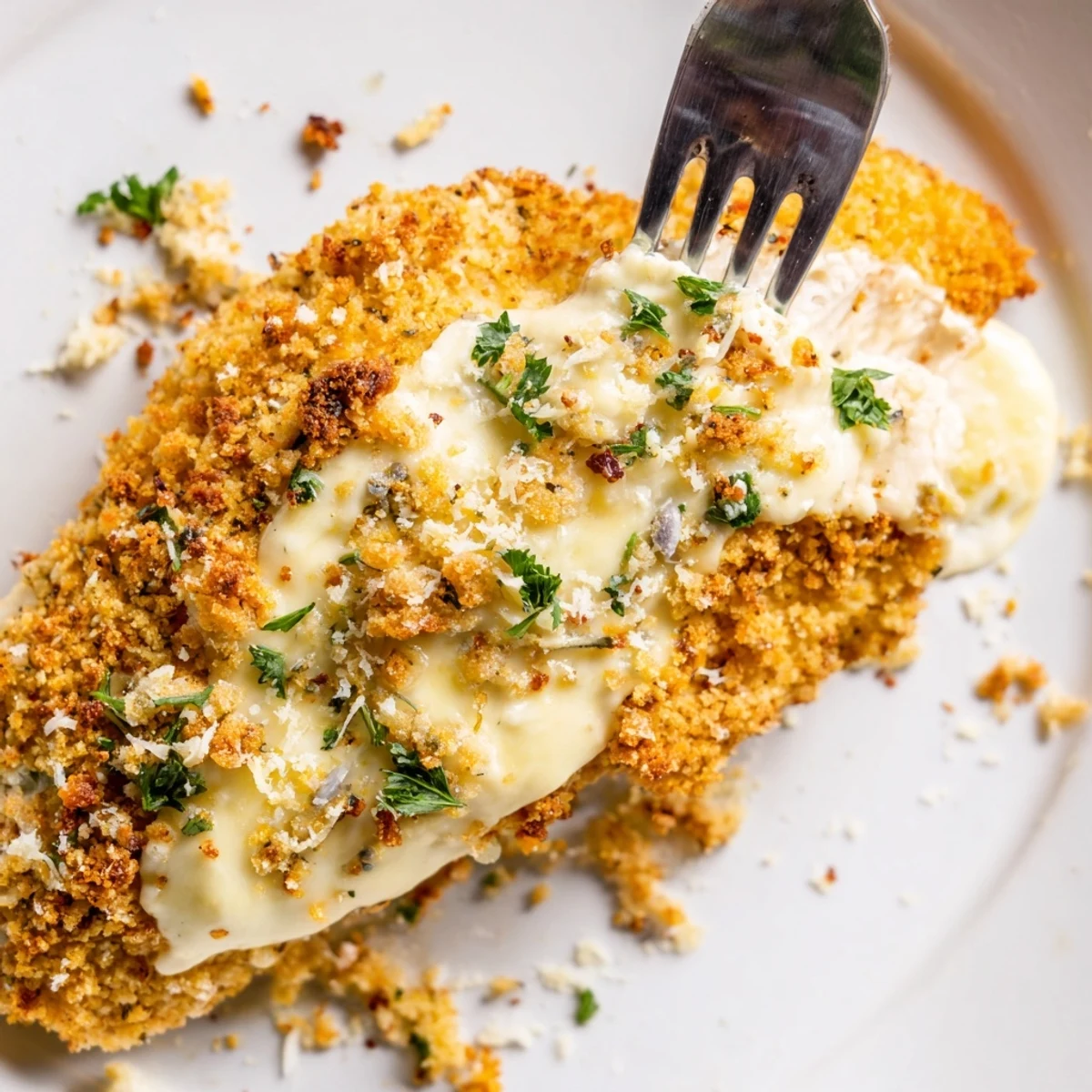 Sliced Garlic Parmesan Chicken Bake resting five minutes, sprinkled with fresh parsley