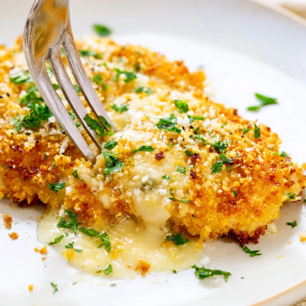 Creamy Garlic Parmesan Chicken Bake topped with crisp panko, served alongside roasted vegetables