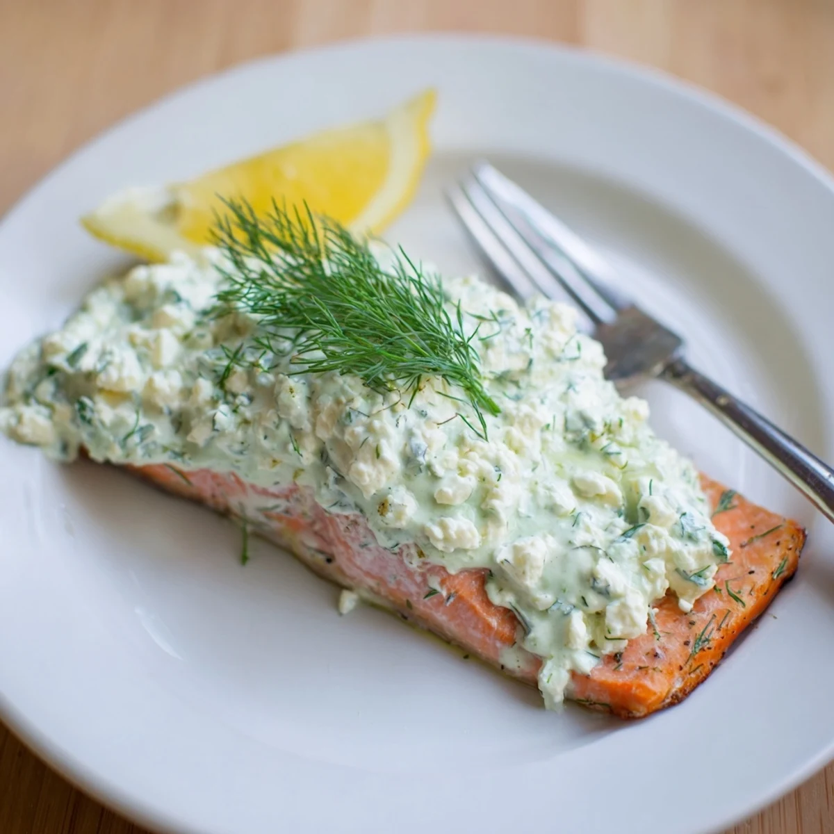 Oven baked Salmon With Feta Dill Sauce, creamy sauce spooned over flaky fillet