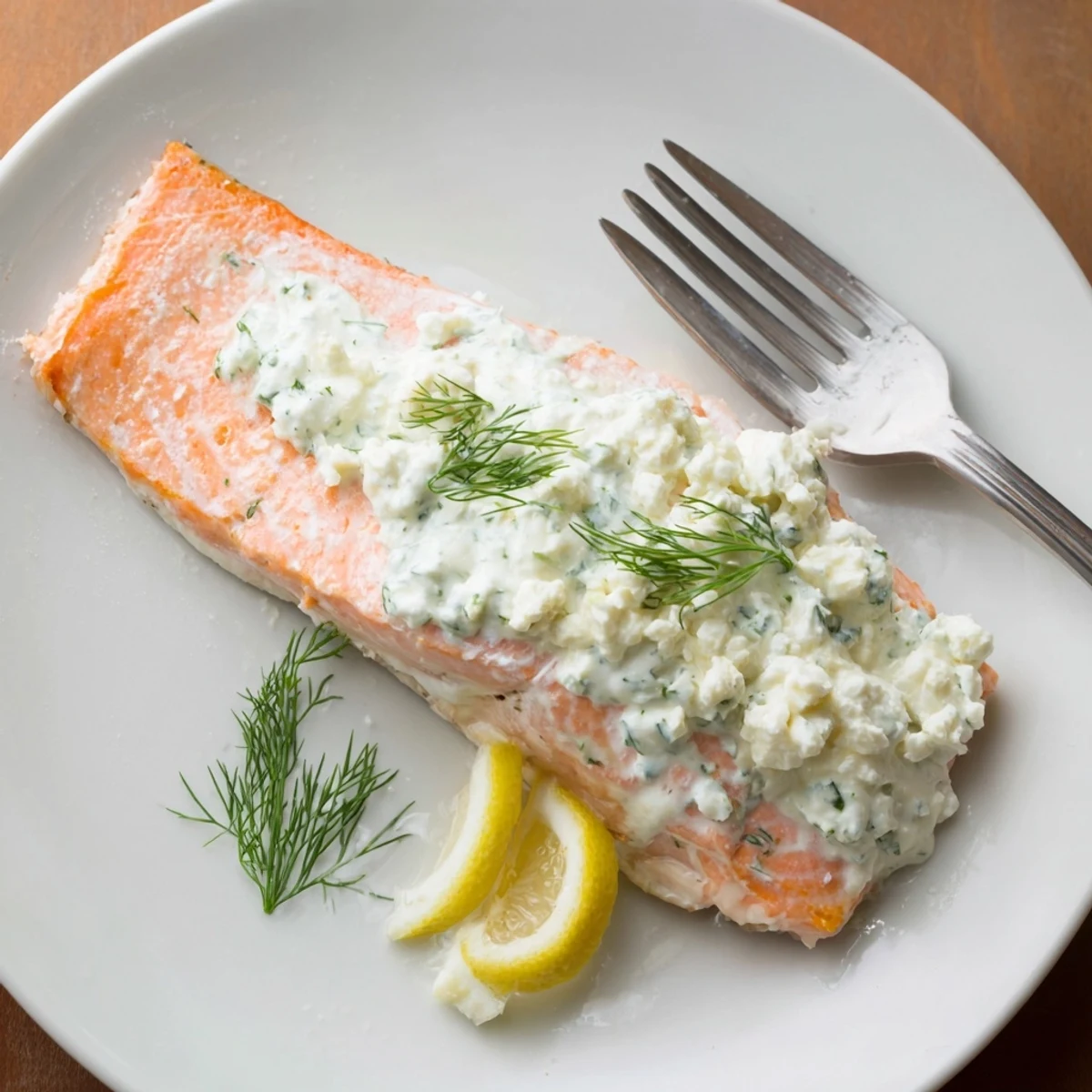 Close up Salmon With Feta Dill Sauce showing creamy feta texture and lemon