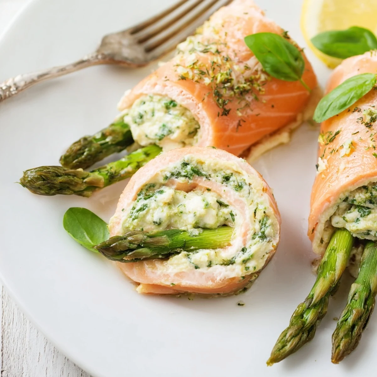 Asparagus Lemon Basil Ricotta Stuffed Salmon Rolls showcasing tender fillets and bright lemon wedges