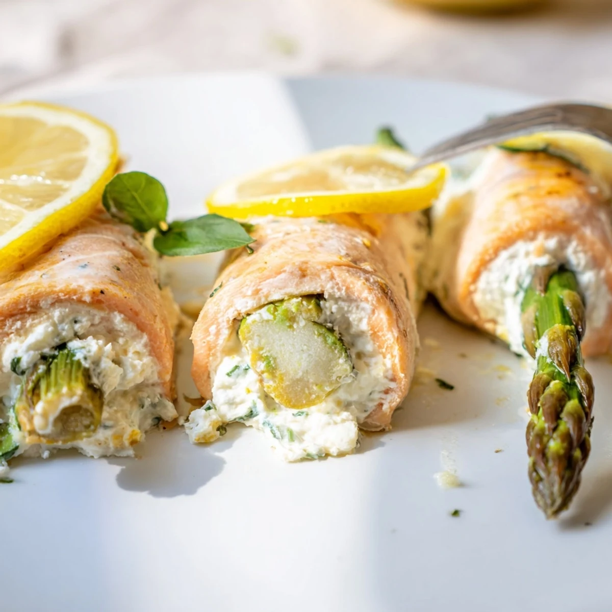 Baked Asparagus Lemon Basil Ricotta Stuffed Salmon Rolls resting on parchment, basil garnish