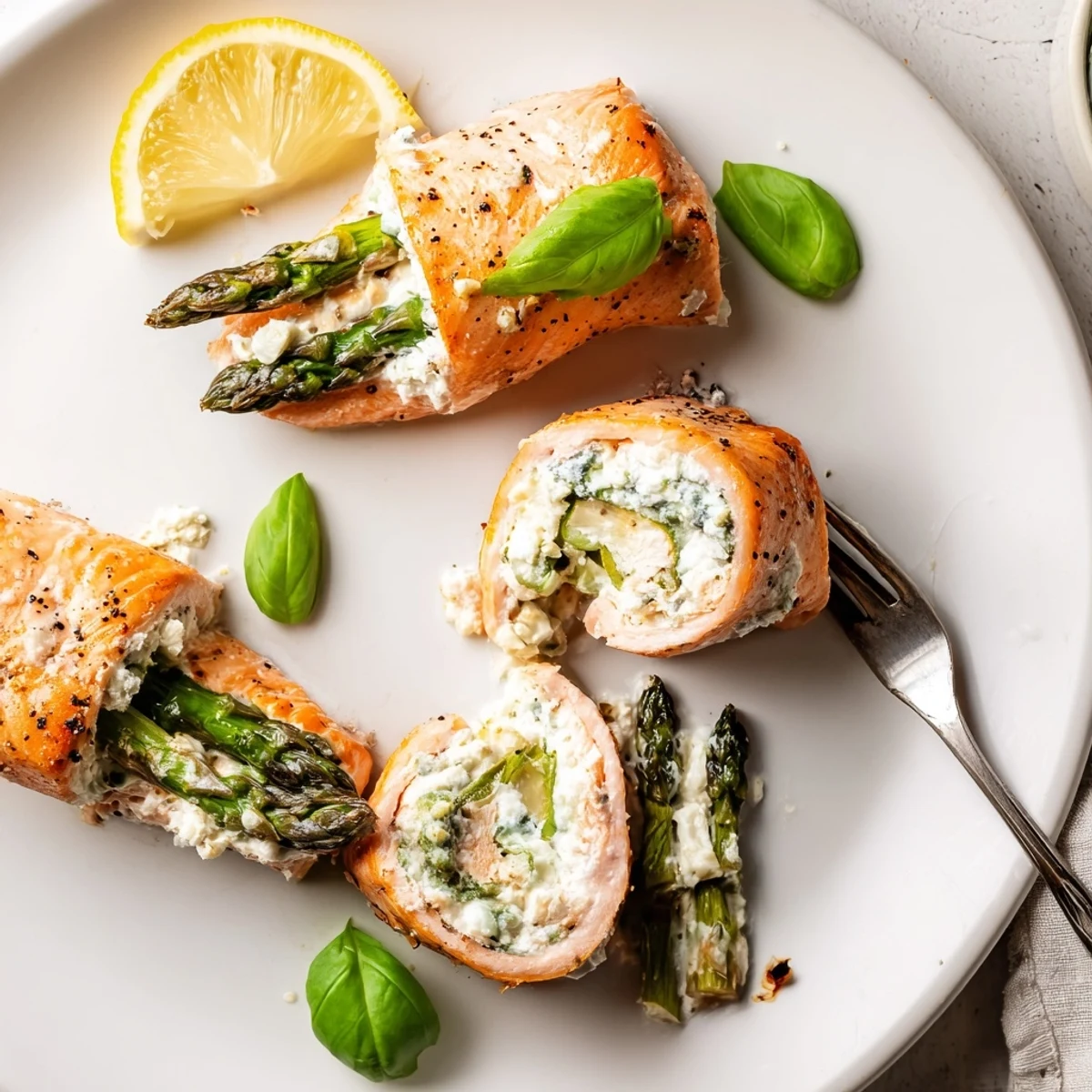 Citrusy, creamy Asparagus Lemon Basil Ricotta Stuffed Salmon Rolls served with a crisp salad