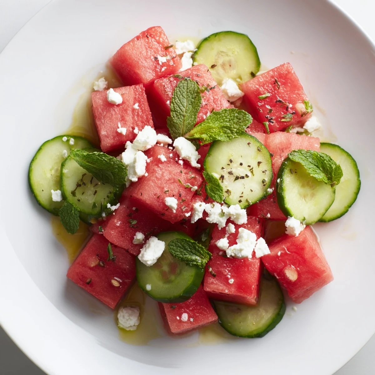 Chilled Watermelon Feta and Mint Salad topped with cracked black pepper.  