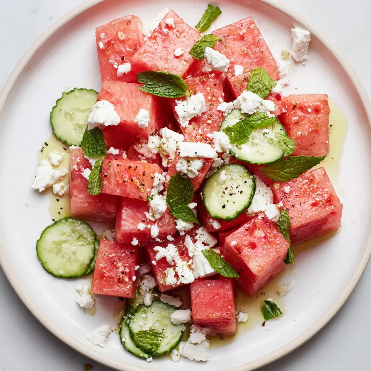 Watermelon Feta and Mint Salad on platter, juicy cubes, tangy feta crumbs.  