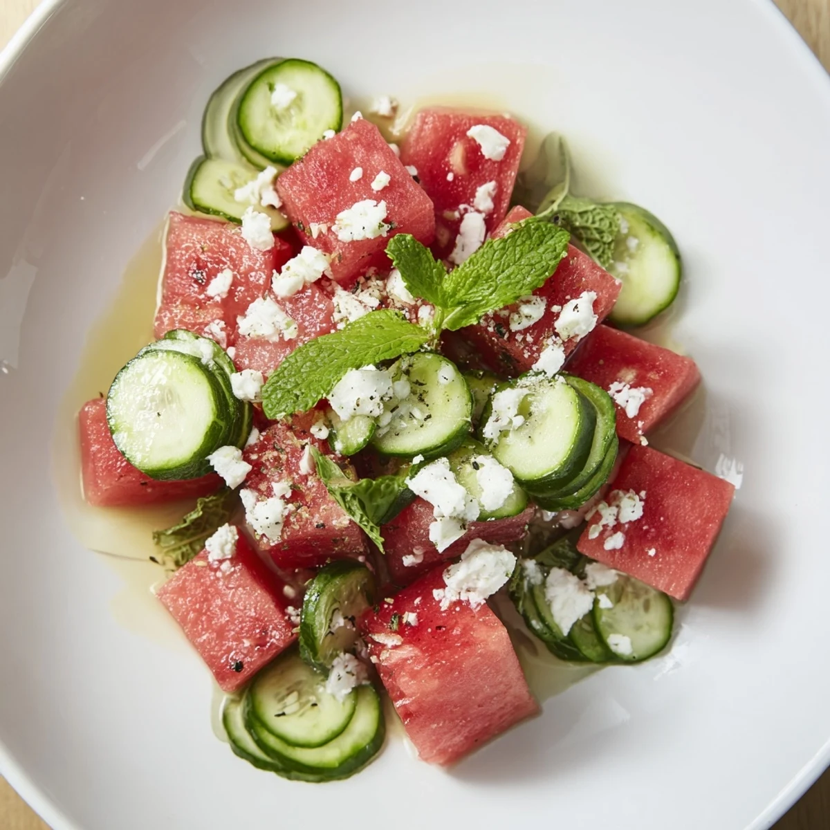Bright Watermelon Feta and Mint Salad, cucumber slices adding crisp contrast.