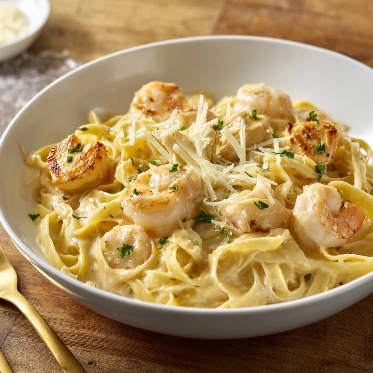 Creamy Lemon Garlic Shrimp Chicken Alfredo plated with parsley, lemon wedge, steaming.