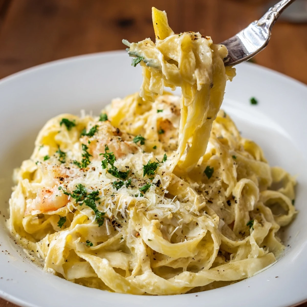 Skillet of Creamy Lemon Garlic Shrimp Chicken Alfredo, tender seafood, tangy aroma.