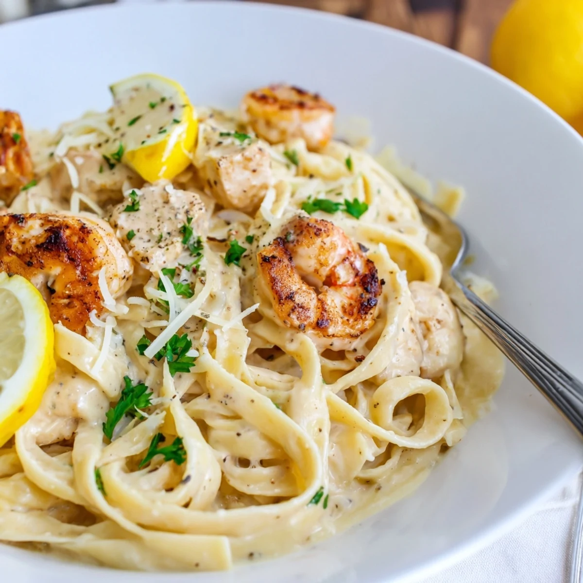 A fork twirls Creamy Lemon Garlic Shrimp Chicken Alfredo, buttery sauce glistening.