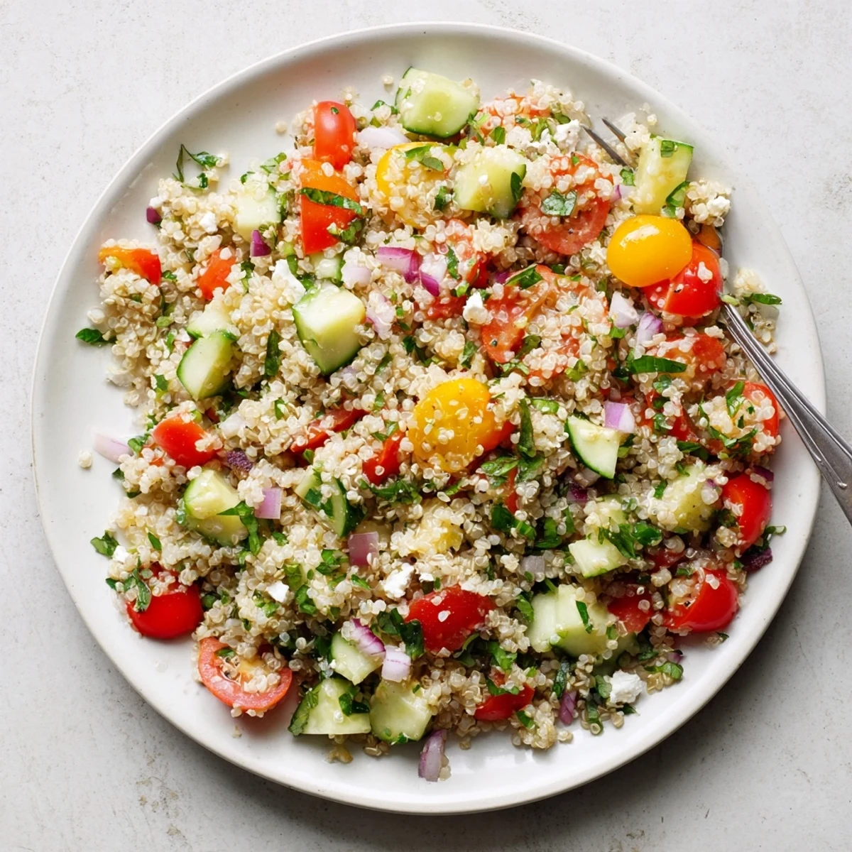 Chilled Favorite Quinoa Salad Recipe tossed with herbs, cucumber, and crumbled feta