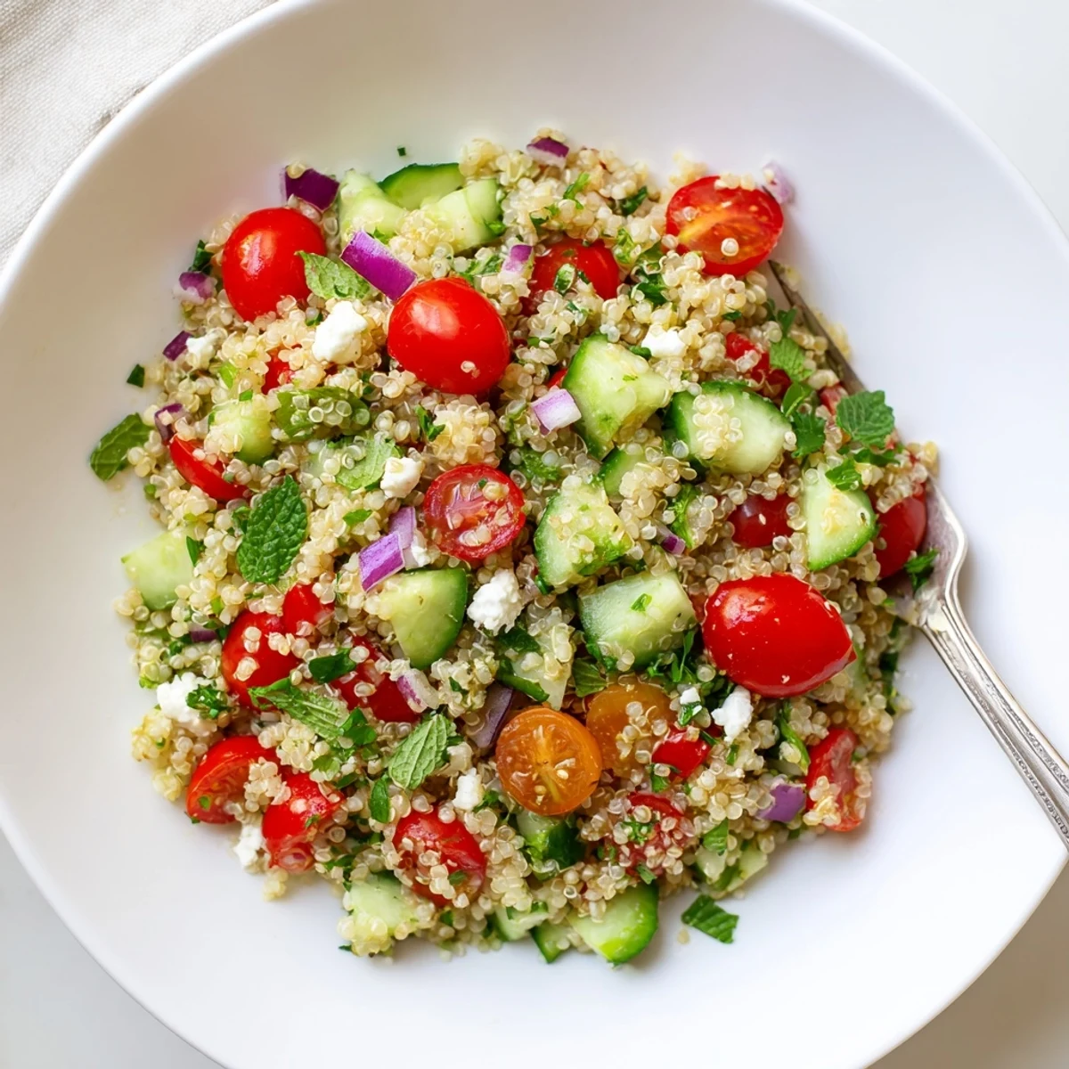 Favorite Quinoa Salad Recipe with bright cherry tomatoes, zesty lemon dressing