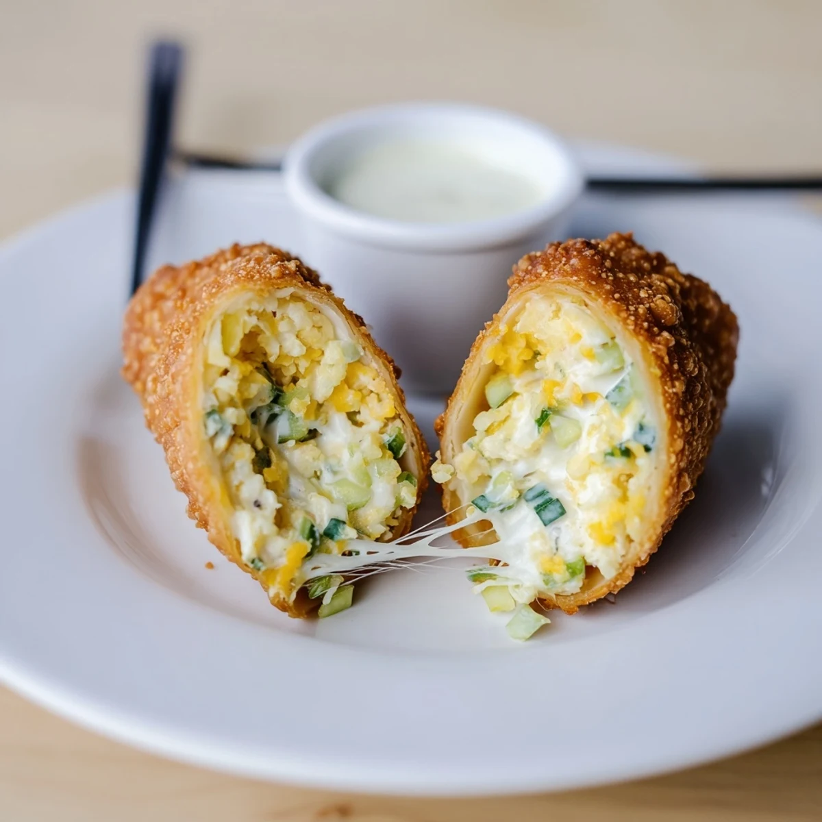 Crispy Jalapeno Popper Egg Rolls held in hand, gooey filling visible