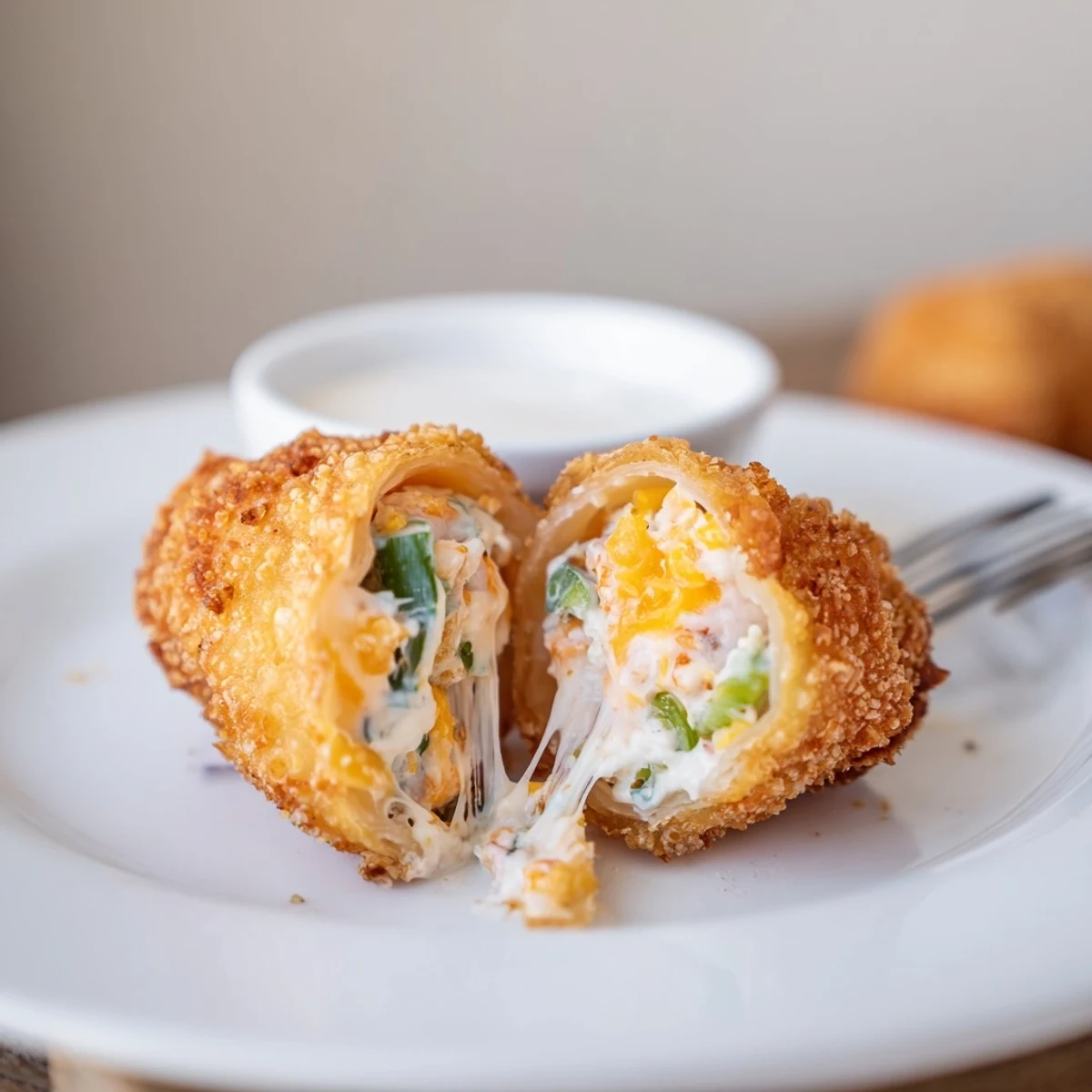 Plate of Crispy Jalapeno Popper Egg Rolls beside creamy ranch for dipping