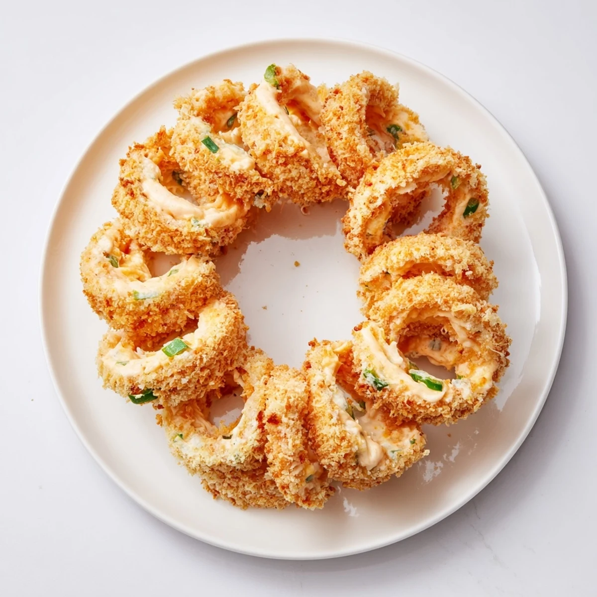 Golden crispy jalapeño popper onion rings stuffed with spicy cream cheese filling