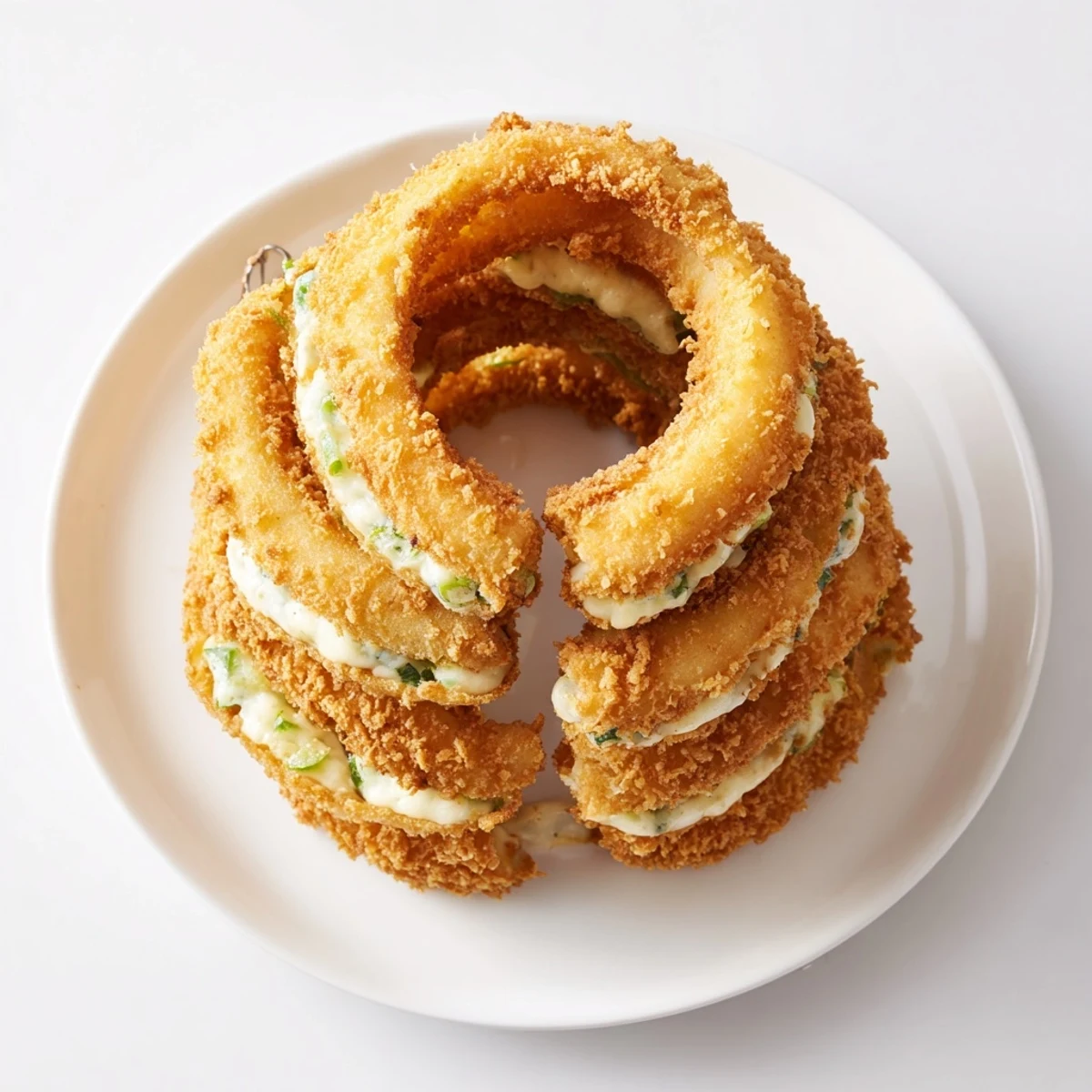 Stack of crunchy battered onion rings filled with cheddar and jalapeño cream cheese