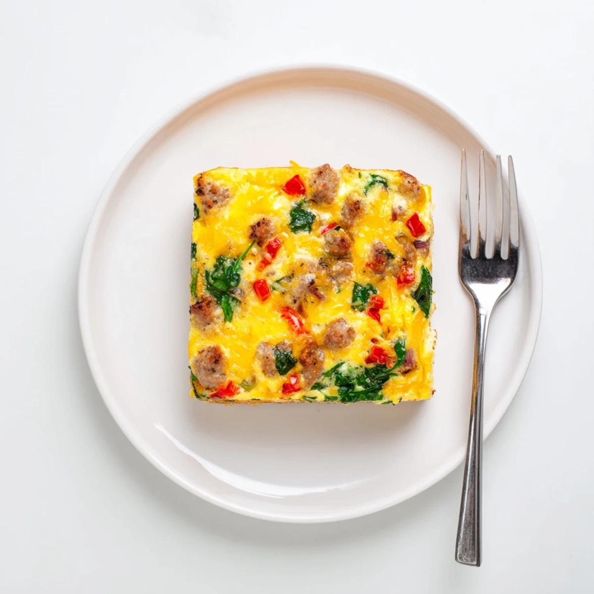 Golden high protein egg casserole with melted cheddar, colorful peppers, and spinach squares