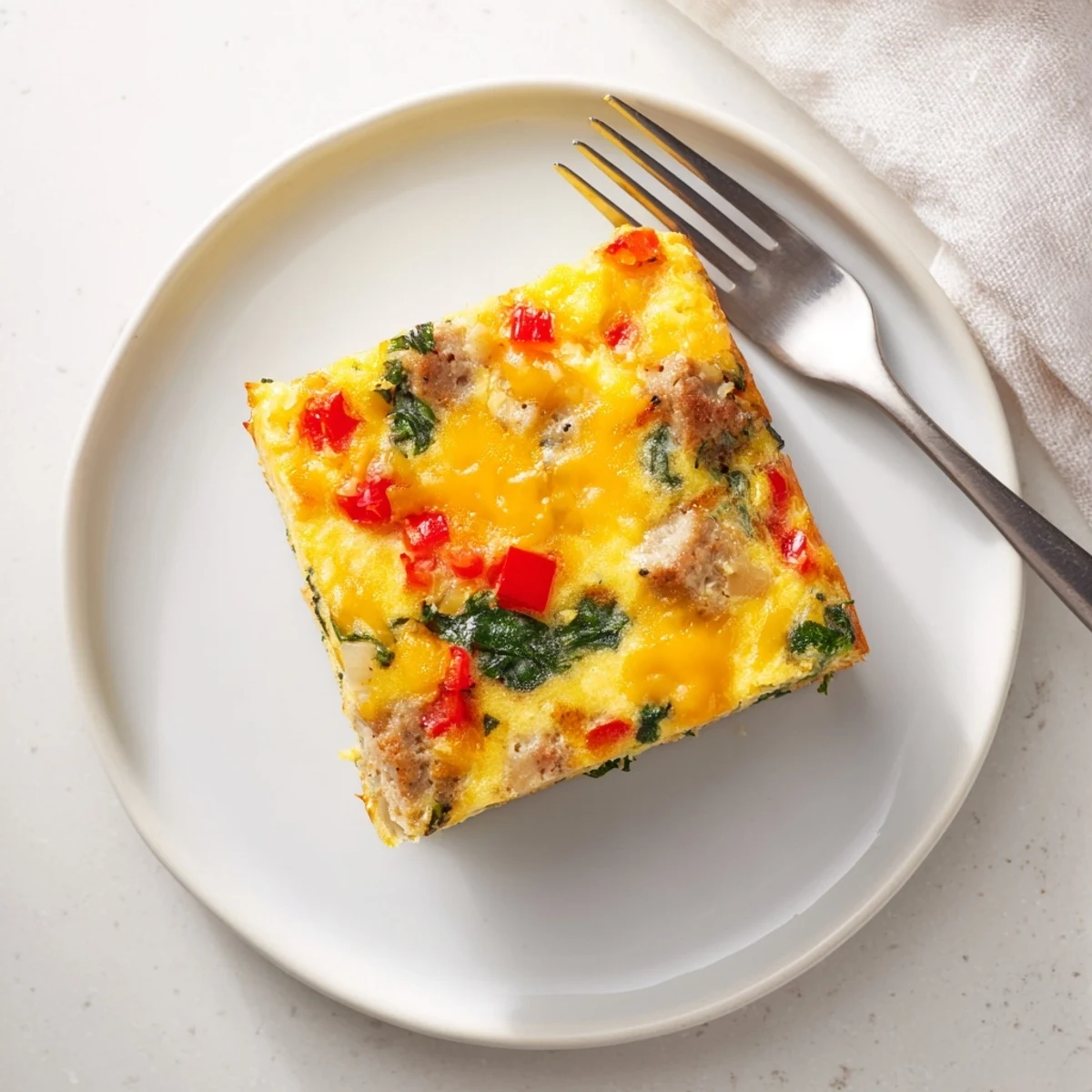 Sliced high protein egg casserole featuring fluffy eggs, turkey sausage, and vibrant vegetables