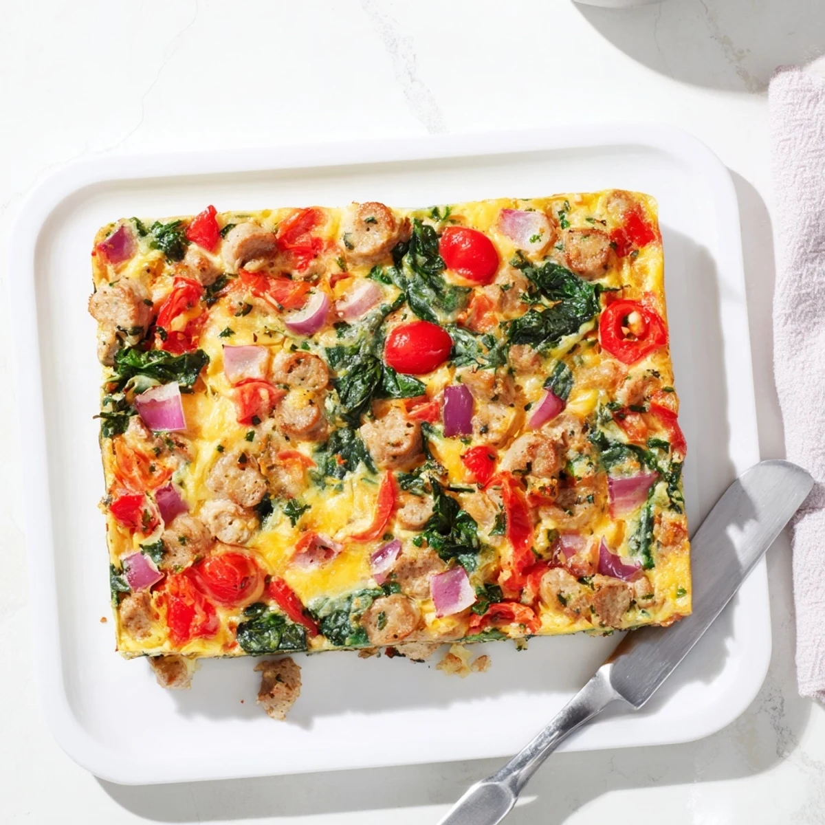 Golden brown high protein egg casserole with melted cheddar and colorful vegetables