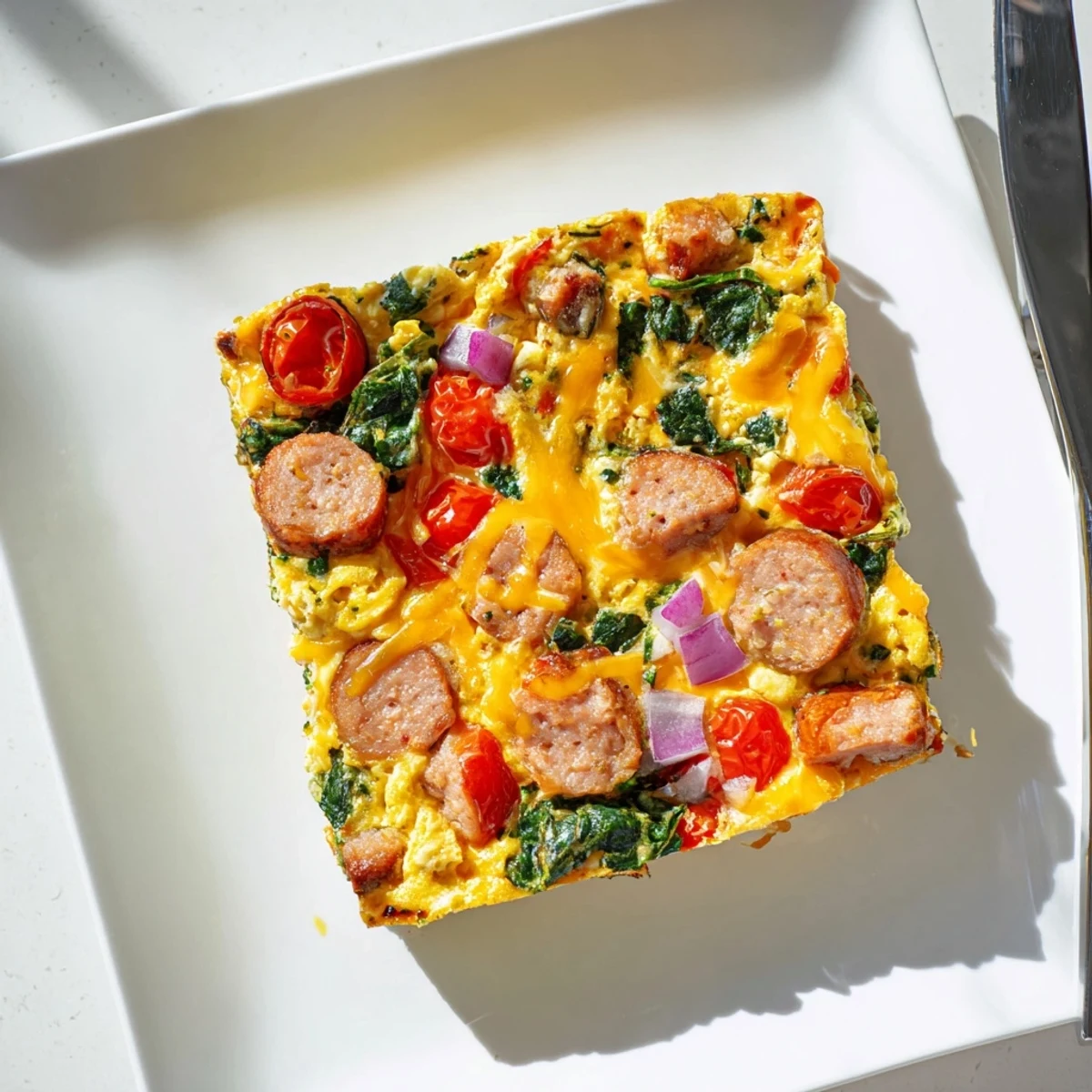 Baked high protein egg casserole with fluffy texture and diced bell peppers