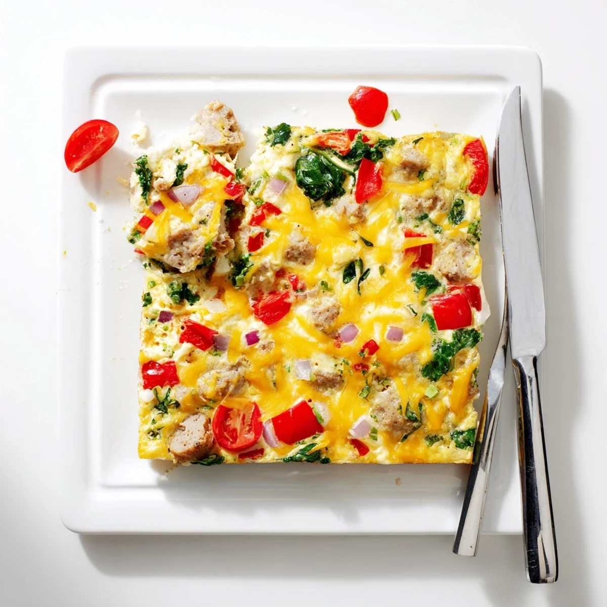 Sliced high protein egg casserole breakfast with turkey sausage and fresh spinach