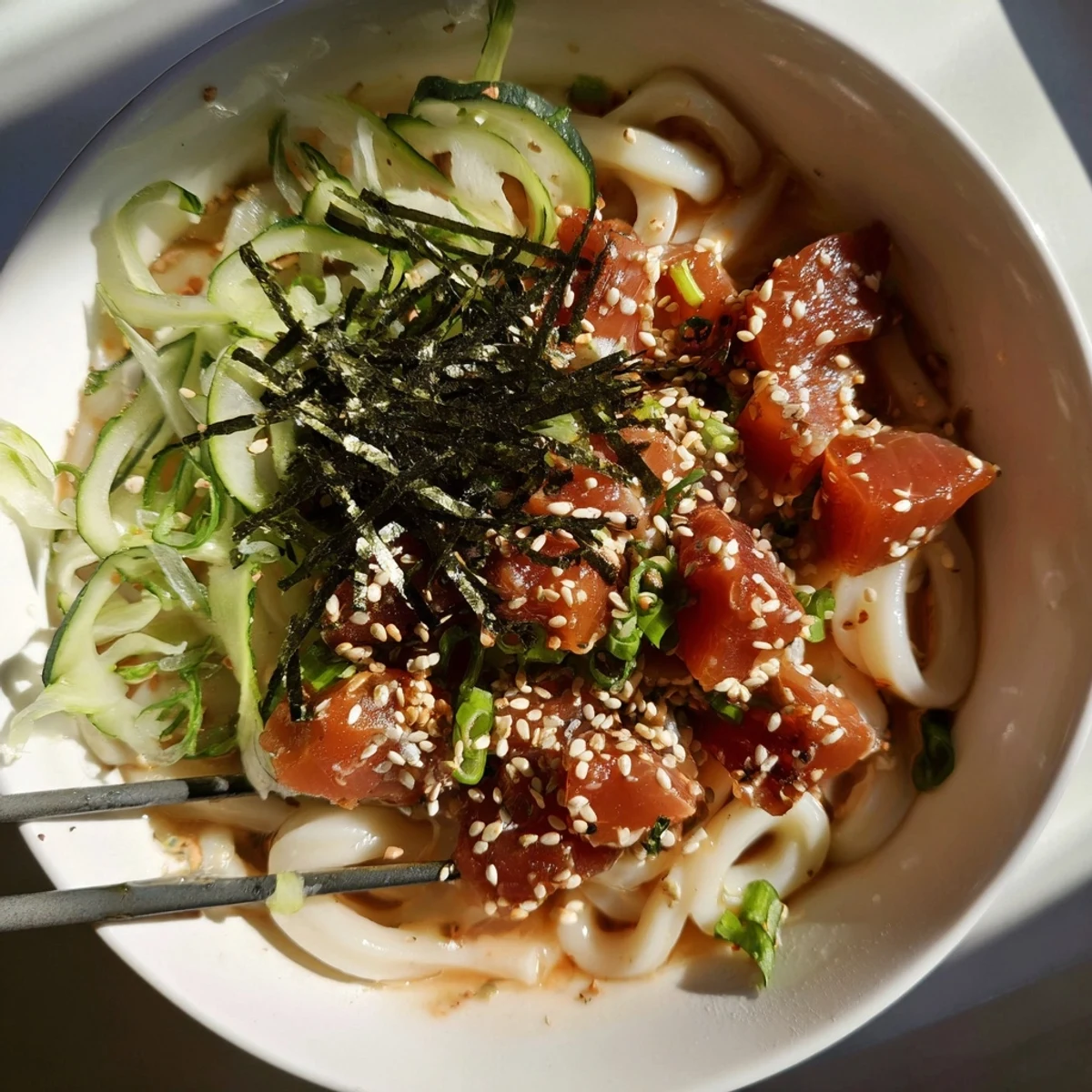 Spicy tuna udon bowl featuring thick chewy noodles topped with marinated raw tuna and fresh sliced green onions