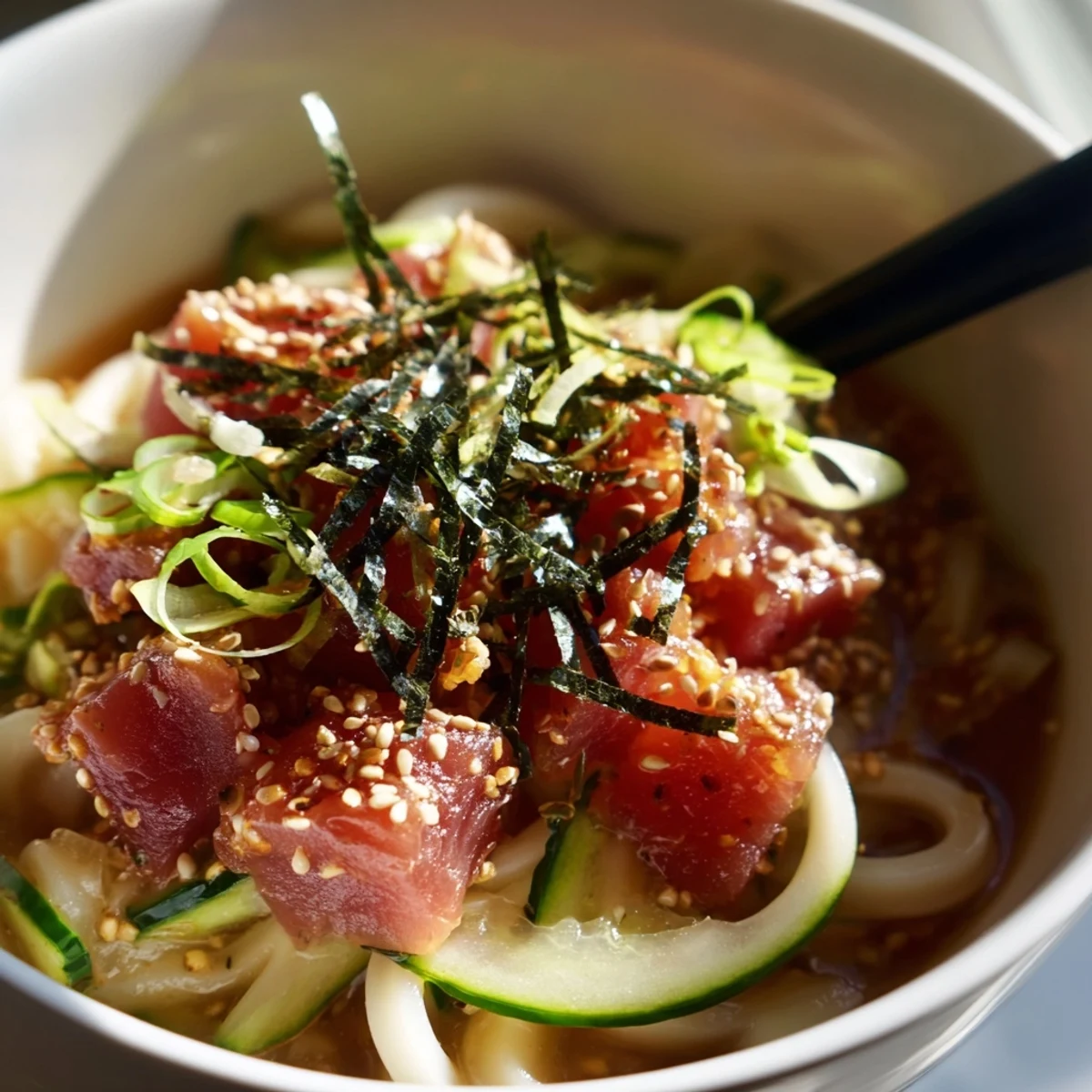 Steaming bowl of spicy tuna udon with tender marinated fish cubes in savory dashi broth served hot