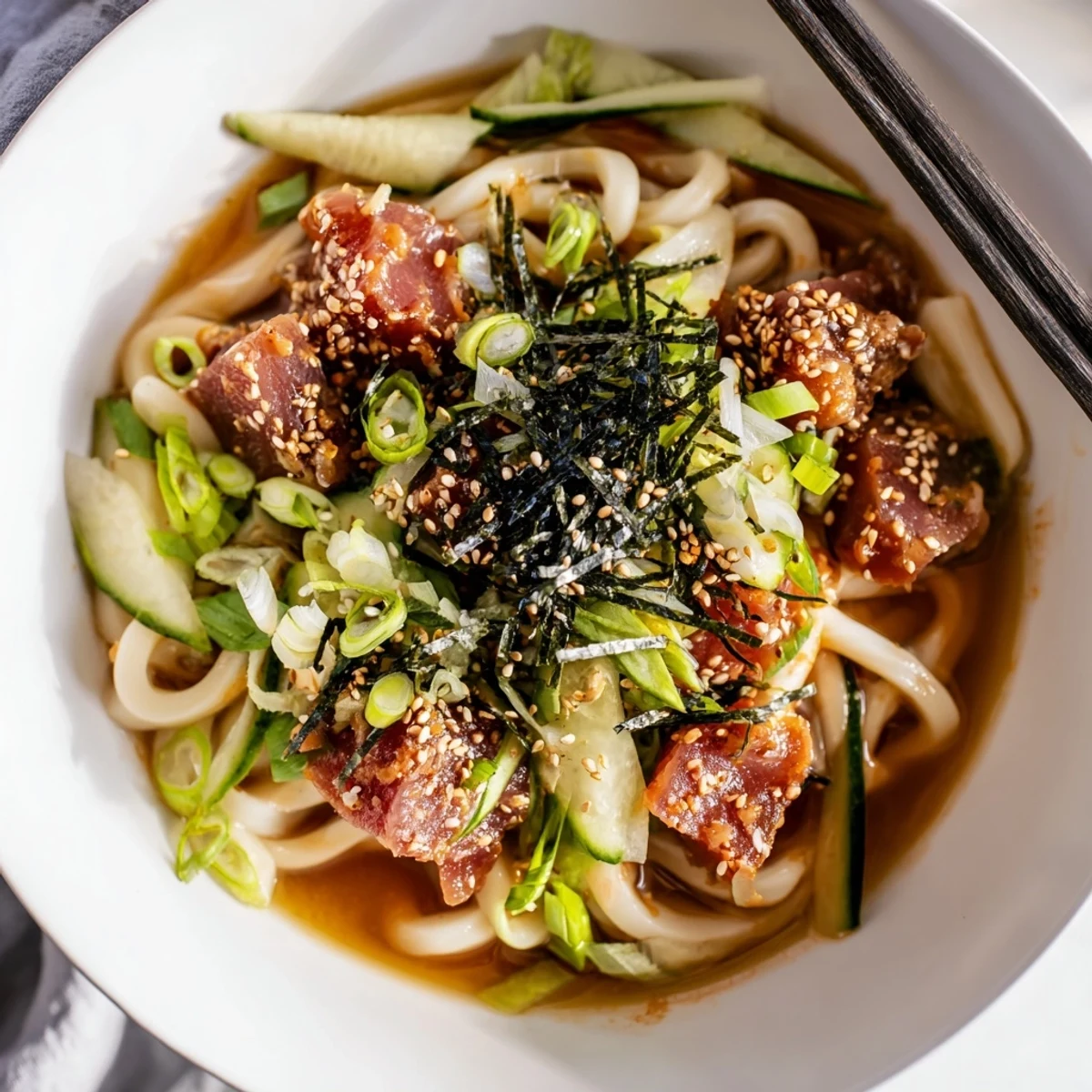 Japanese-style spicy tuna udon noodle soup garnished with nori seaweed cucumber ribbons and toasted sesame seeds