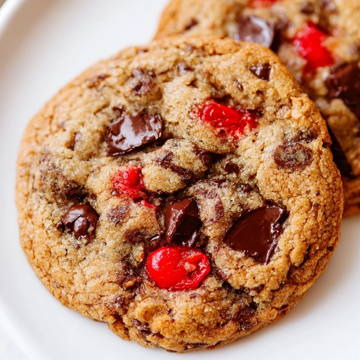 Freshly baked maraschino cherry chocolate chip cookies with bright red cherry pieces visible
