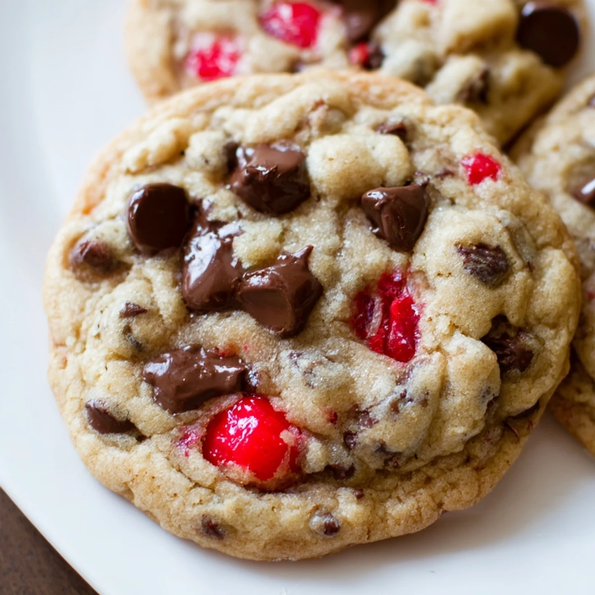 Soft golden maraschino cherry chocolate chip cookies stacked on a white serving plate