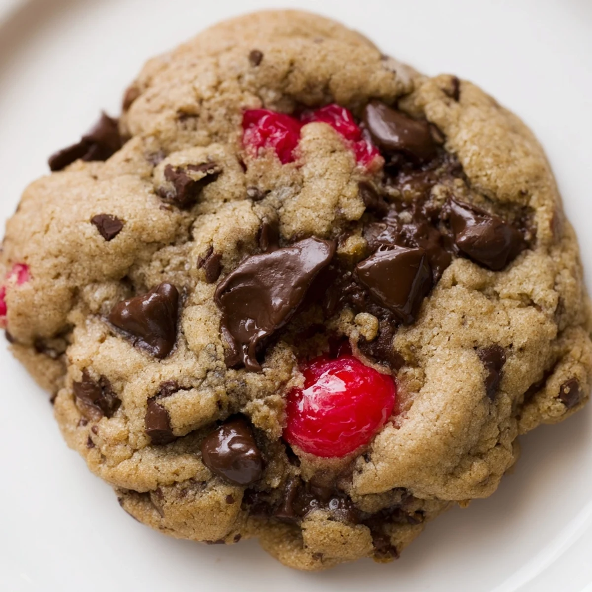 Chewy maraschino cherry chocolate chip cookies cooling on a wire rack with melted chips