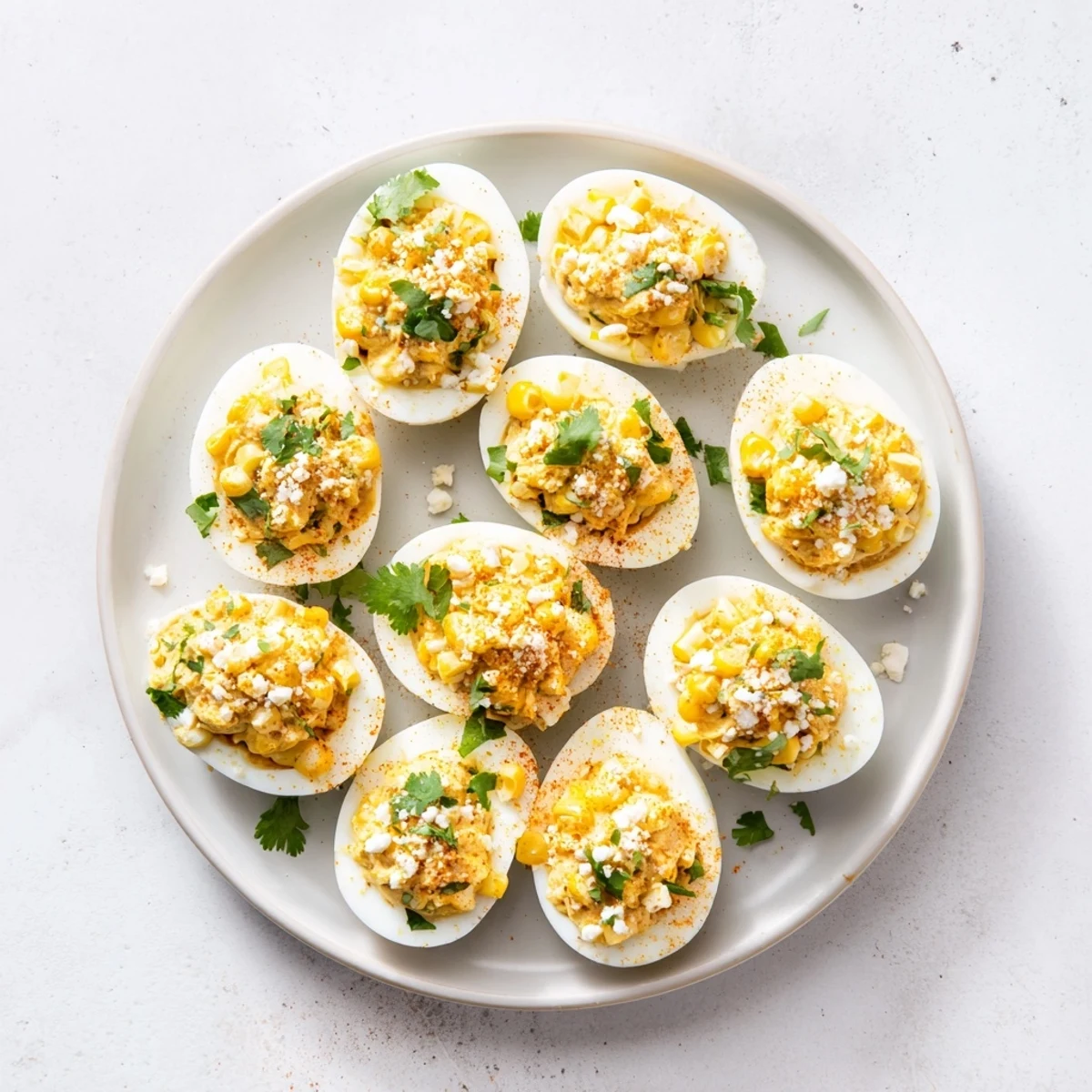 Mexican Street Corn Deviled Eggs topped with crumbled cotija cheese and fresh cilantro