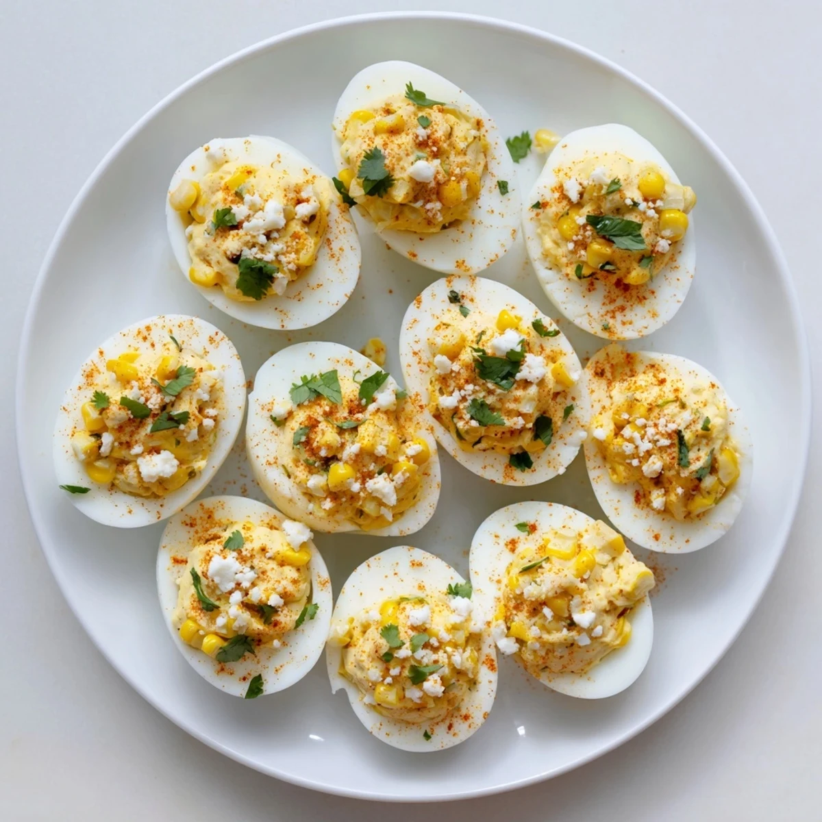Creamy Mexican Street Corn Deviled Eggs garnished with chili powder and lime wedges