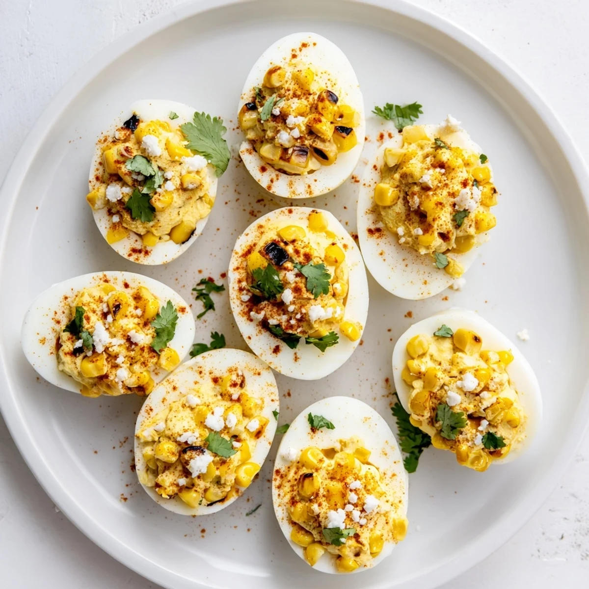 Golden Mexican Street Corn Deviled Eggs sprinkled with cheese and bright green herbs