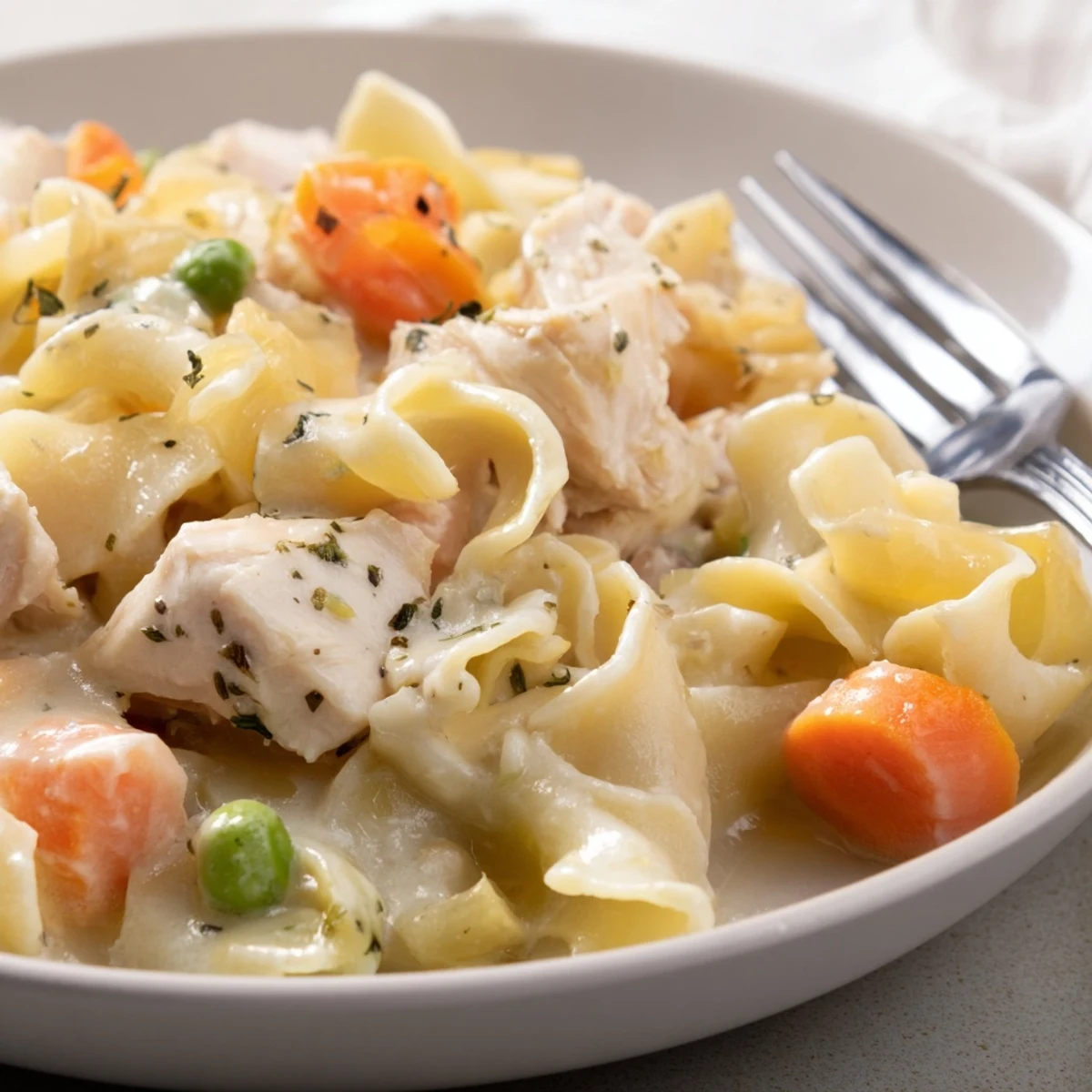 Tender chunks of chicken simmered with egg noodles and colorful vegetables in a rich broth