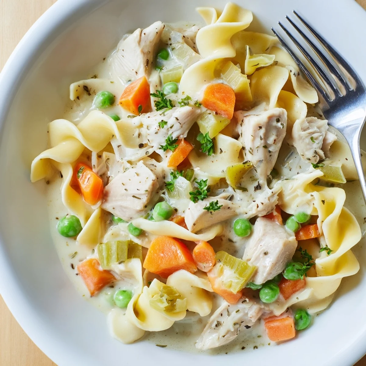 Hearty one pot chicken and noodles featuring wide egg noodles, carrots, celery, and peas