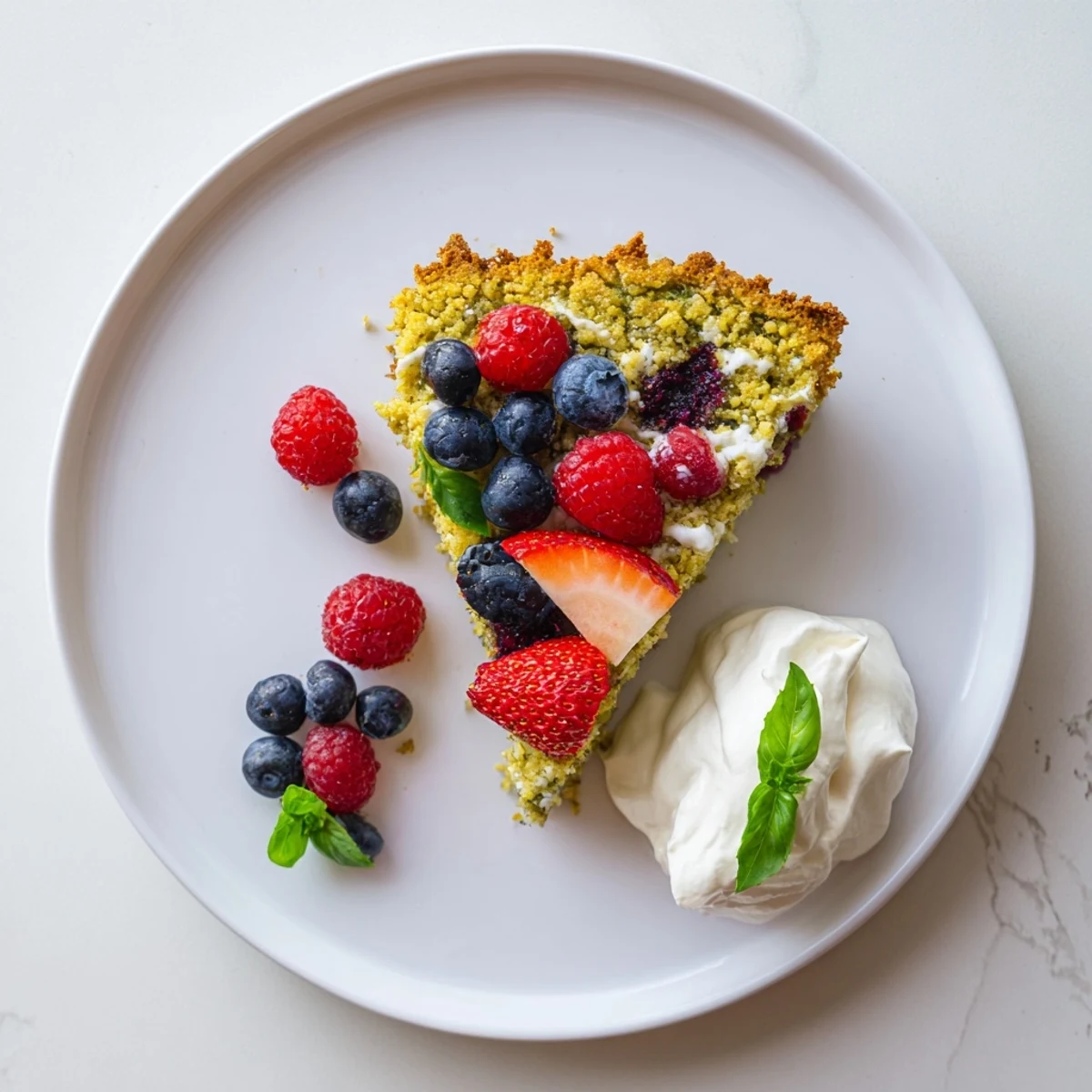 Golden basil berry cake slice revealing juicy blueberry and raspberry pockets throughout the tender crumb