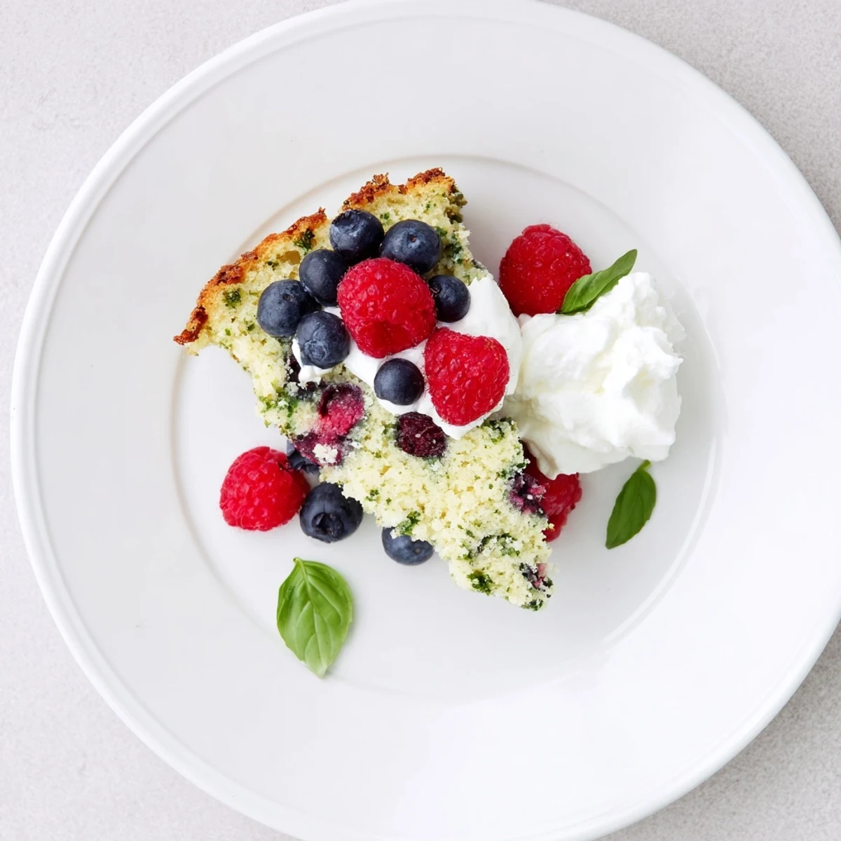 Fresh basil berry cake topped with whipped cream and scattered mixed berries on a white plate