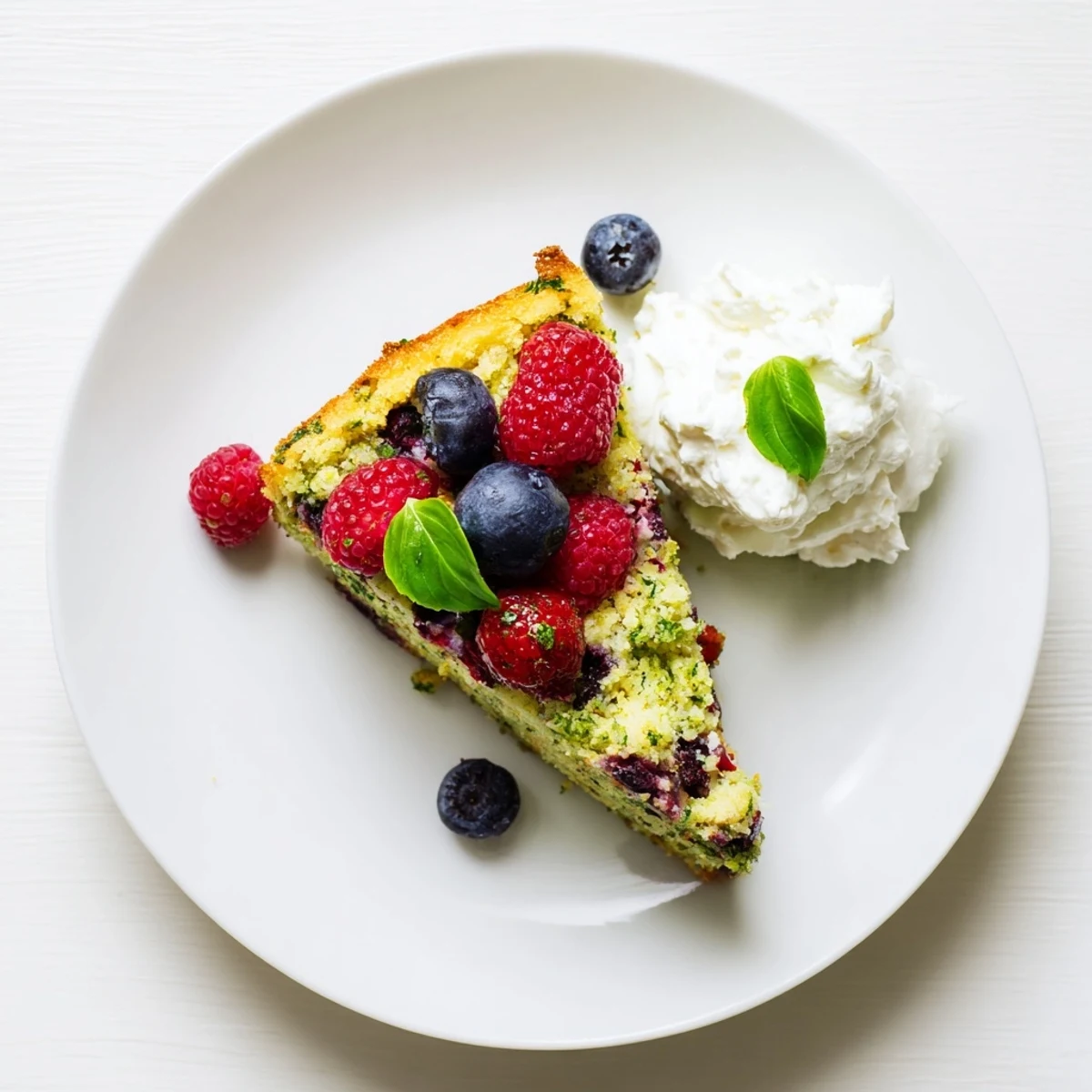 Vibrant basil berry cake dessert garnished with fresh basil sprigs and ripe summer berries